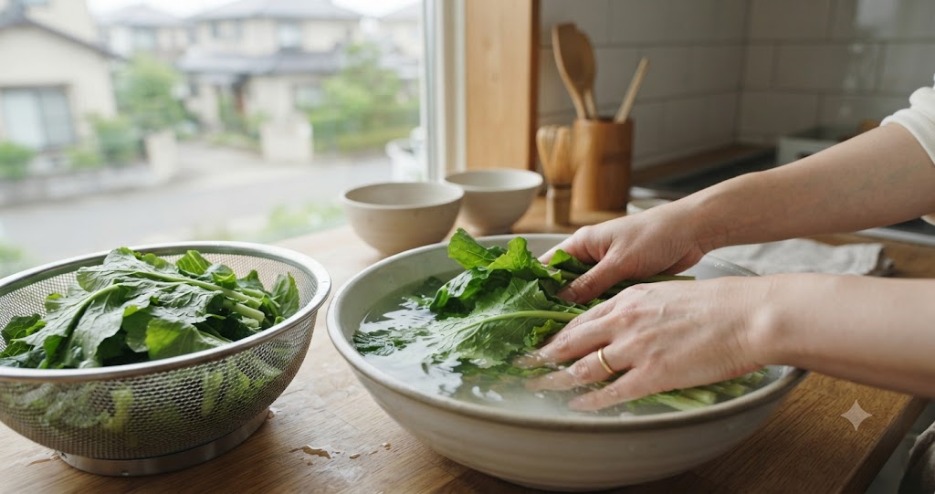 高菜のアク抜きを表すイメージ画像