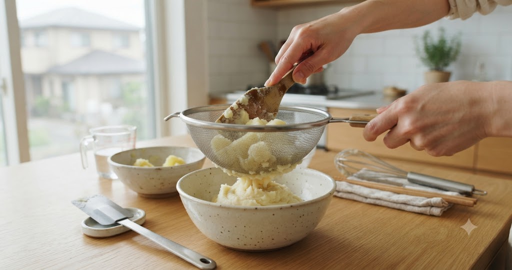 食材をなめらかに裏漉しする工程を表すイメージ画像