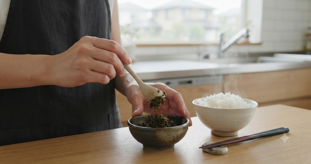 紫蘇の実の醤油漬けの食べ方を表すイメージ画像