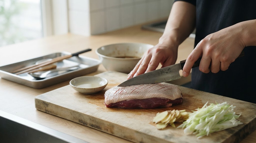 鴨肉を柔らかく仕上げる工程を表すイメージ画像