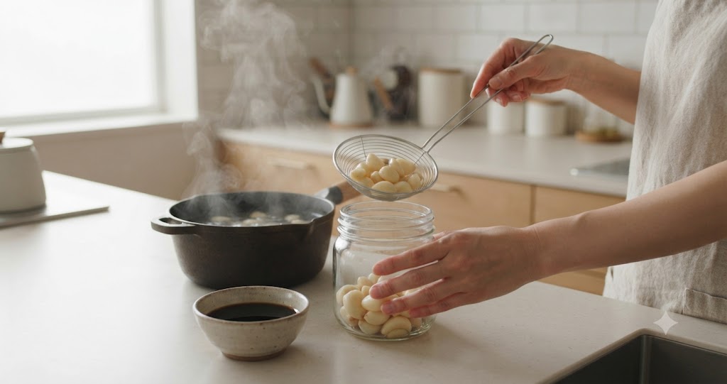 にんにくの醤油漬けの加熱を表すイメージ画像