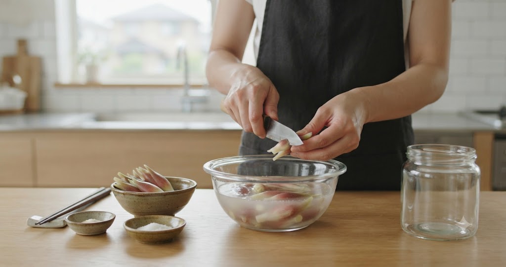 茗荷の甘酢漬けを茹でずに作ることを表すイメージ画像