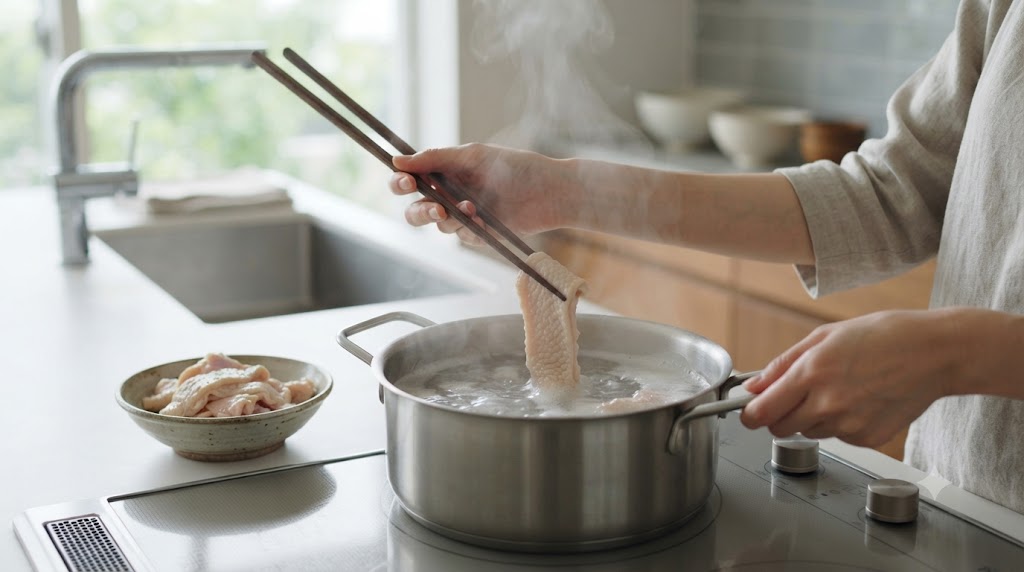 鶏皮の茹で時間の目安を表すイメージ画像