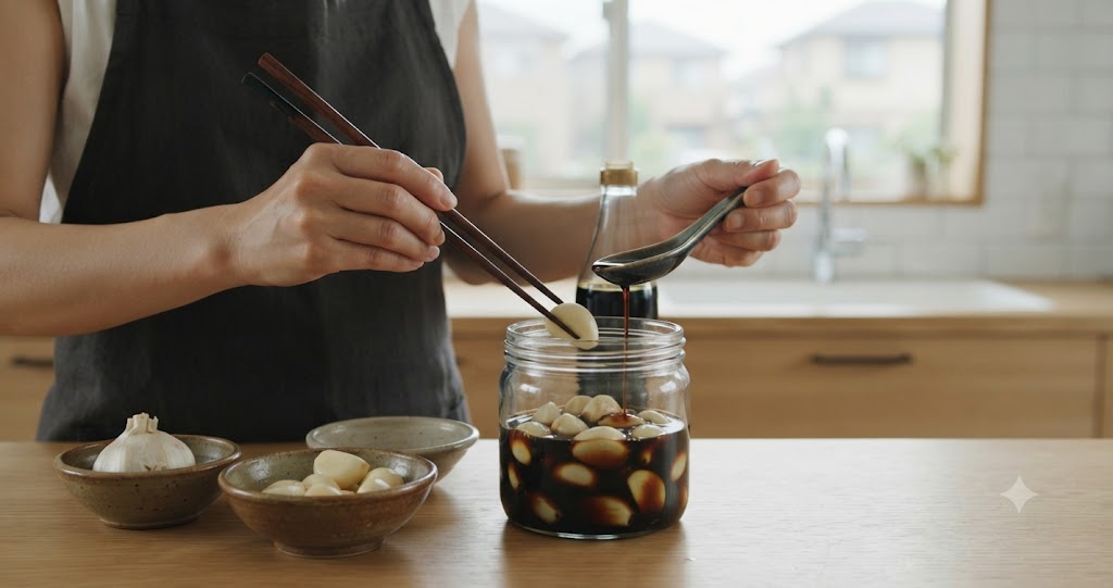 にんにくの醤油漬けを加熱せず作ることを表すイメージ画像