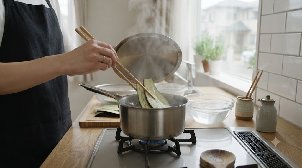 なすの茹で時間を表すイメージ画像