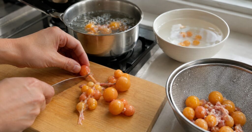 鶏きんかんの下処理や安全に調理するためのポイントを紹介する和食を表すイメージ画像