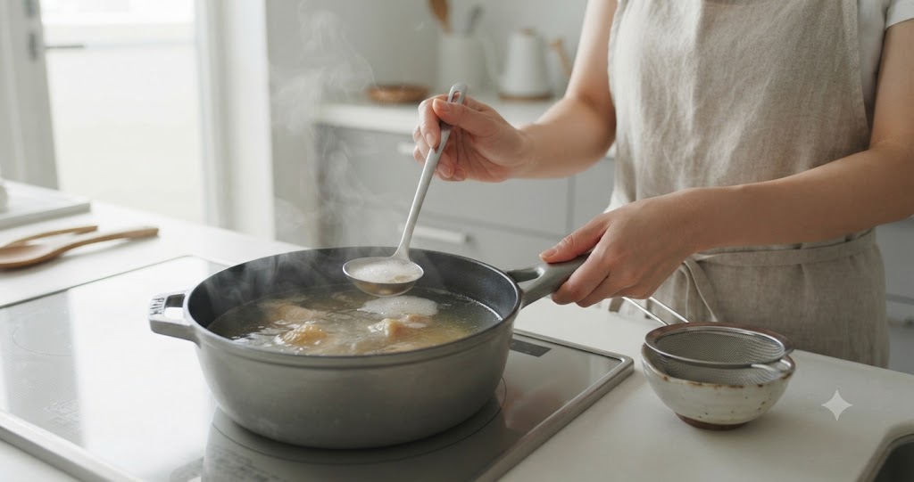 鶏皮で出汁を取ることを表すイメージ画像